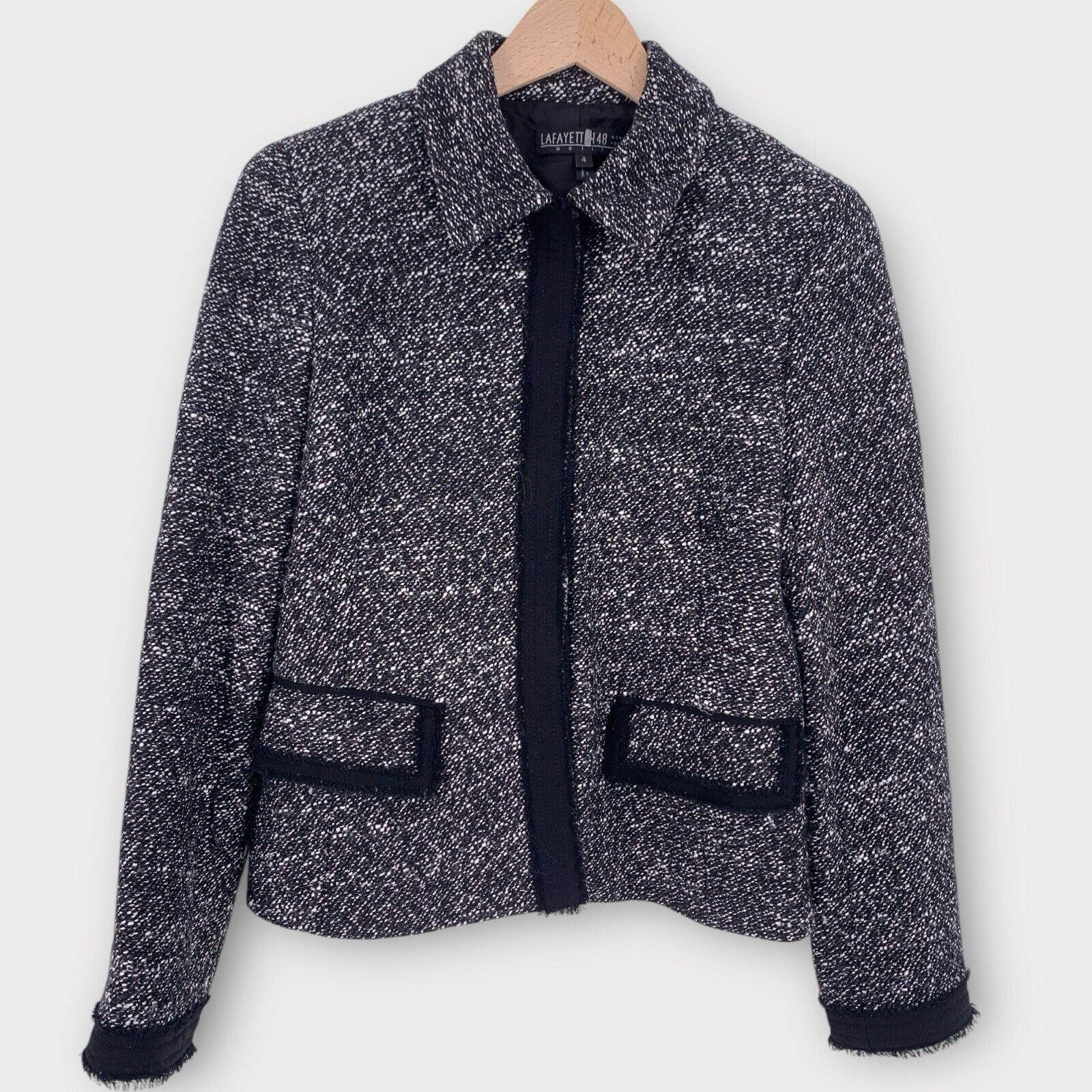 Lafayette 148 Black Tweed Fray Edge Wool Blazer 4p